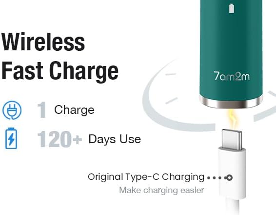 7AM2M Ultrasonic Electric Toothbrush with 6 Brush Heads for Adults&Kids, Type C Charging, One Charge for 120 Days, 5 Modes&40000VPM Powered Toothbrush, 2 Minutes Built in Smart Timer (Peacock Green)