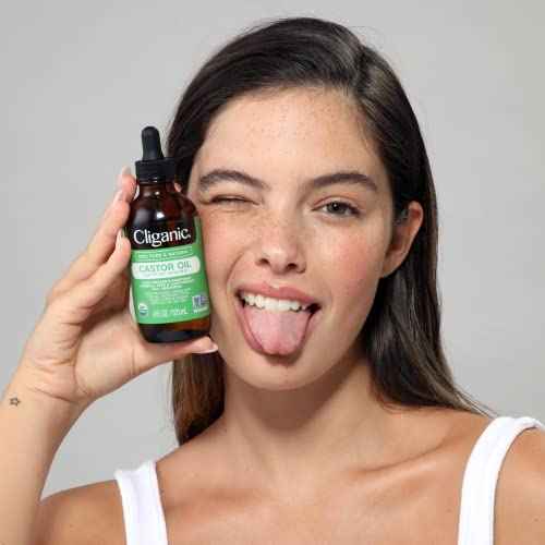 Cliganic Organic Castor Oil, 100% Pure (1oz Glass Bottle with Eyelash Kit) - For Eyelashes, Eyebrows, Hair & Skin