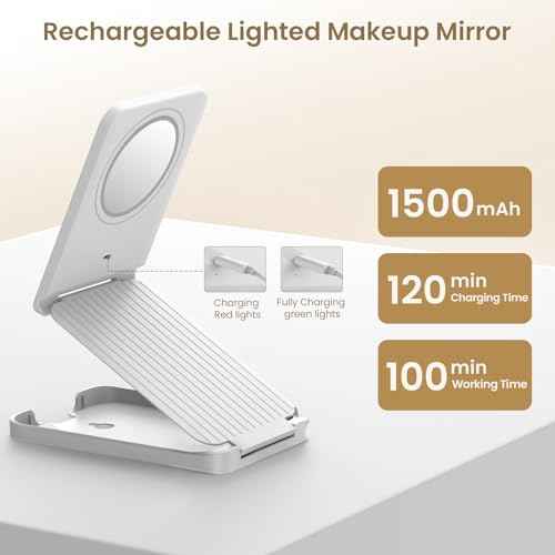 Travel Makeup Mirror with Lights, Foldable 1X Vanity Lighted Mirror with 10X Magnification, Rechargeable 1500mAh, Dimmable Touch Screen, Freely Adjust Height and Angle