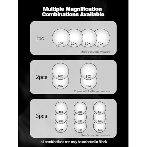 20X/30X/40X Magnifying Mirror with Suction Cups and Tweezers Set, 3.5 inches Travel Magnified Makeup Mirror, Black, 3PCS