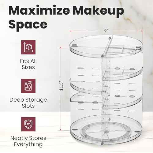 Masirs 360 Rotating Makeup Organizer Countertop - Adjustable Shelf Height - The Perfect Round Spinning Cosmetic Organizer for Bedroom Dresser or Vanity Countertop Storage (Clear)