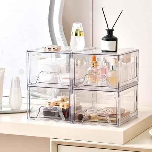6 Pack Stackable Makeup Organizer, 4.4'' Tall Acrylic Bathroom Makeup Organizer and Storage Drawer with Pull-out Handle, Clear Plastic Storage Bins for Vanity,Pantry,Desk,Undersink,Kitchen