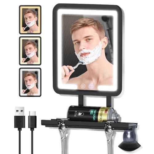Shower Mirror Fogless for Shaving 7x9in Heated Anti Fog Mirror 3 Color Dimmable Lighted Mirror Rechargeable with Storage Tray Razor Holders 360¡Æ Rotatable Black Fog Free Bathroom Mirror for Men