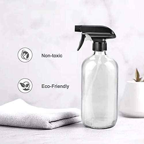Glass Spray Bottles, 16oz Refillable Containers, Empty Boston Round Bottles with Labels & Adjustable Nozzle for Cleaning, Gardening, Aromatherapy, Pets, Plant, Hair -Clear (1 Pack)