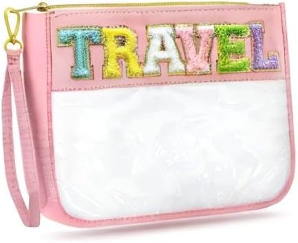 Chenille Letter Clear Zipper Pouch Nylon Makeup Bag, Preppy Makeup Bag Clear Cosmetic Toiletry Bag, Water-proof Makeup Travel Pouch Snack Bags for Women (Pink)