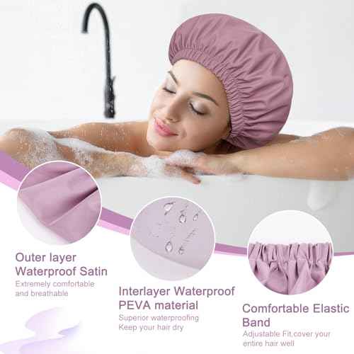 Shower Cap for Women Reusable Waterproof £¬Shower Caps with Elastic Band, Ideal for Long Hair, Braids and All Hair Types,Medium,Purple