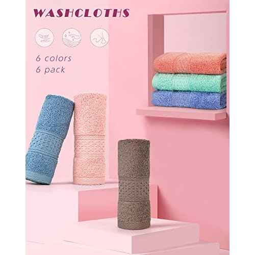 Cleanbear Face-Cloth Washcloths Set,100% Cotton, High Absorbent, 6-Pack 6 Colors, Size13 x13-deep Color