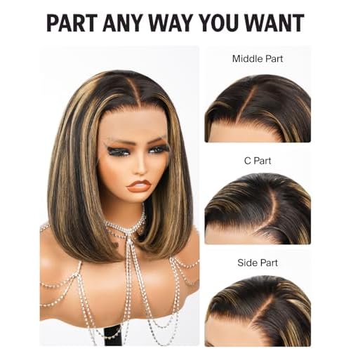 Highlight Ombre 13x4 HD Lace Frontal Wig Human Hair Pre Plucked Pre Cut Lace 210% Density Balayage Straight Short Bob Wigs for Women 12 Inch