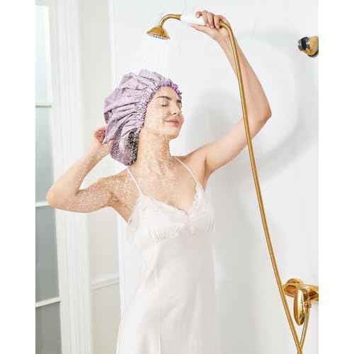 Aquior Shower Cap,Extra Adjustable Shower Caps for Women Double-Layer Waterproof Reusable Hair Cap, Large Size Hair Cap for All Hair,for Girls Spa Bath,Soft and Comfortable (Purple)
