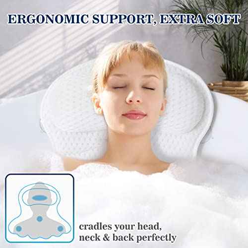 Bath Pillow Bathtub Pillow, Luxury Bath Pillows for Tub Neck and Back Support, Bath Tub Pillow Headrest with Soft 4D Mesh Fabric and Non-Slip Suction Cups, Relaxing Bath Accessories Spa Gifts