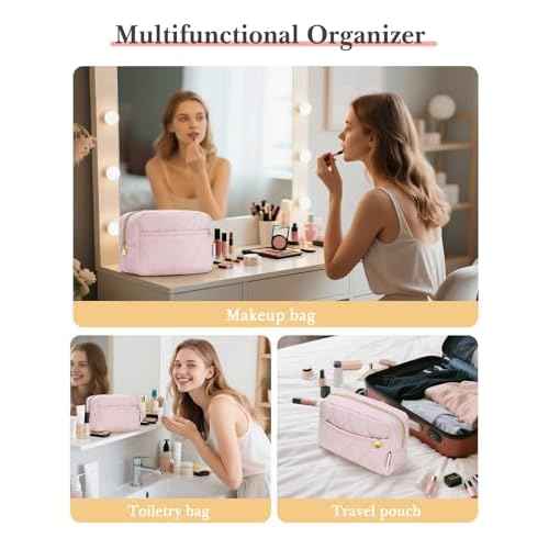 Noozion Makeup Bag, Travel Cosmetic Bag, Puffy Padded Toiletry Bag for Women, Makeup Organizer Case, Wide-open Pouch Purse, Travel Essentials