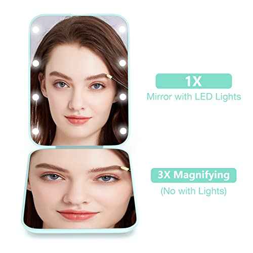 WOBSION Small Mirror with Lights,LED Compact Makeup Mirror,1x/3x Mini Travel Mirror with Magnification,Portable for Purse,Pocket,Gifts for Girls,Cyan