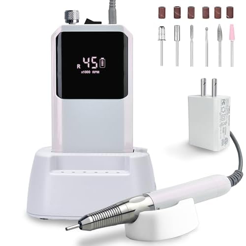 Professional Nail Drill Machine - Cordless Brushless Motor Nail File, 45000 RPM 2*3500mAh Portable Efile for Acrylic Gel Nails with 6 Bits & ETL-Certified USB Charger for Salon & Home