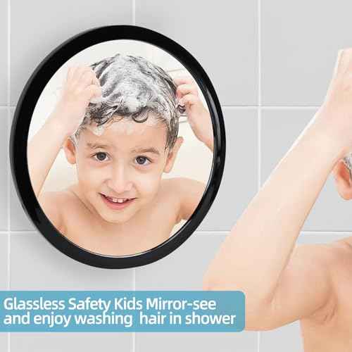 Fogless Shower Mirror for Shaving and Makeup with 3 Removable Powerful Suction Cups, Shatterproof Anti Fog Mirror for Shower and Bathroom, Glassless Safety Kids Mirror (Black)
