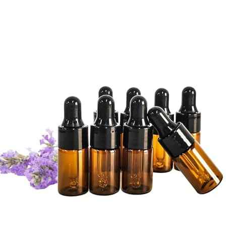 50Pcs Amber Glass Mini Dropper Bottle 1/3ml Amber Essential Oil Bottles Vials Travel Cosmetic Sample Container Liquid Perfume Eye Droppers Bottle (3ml)