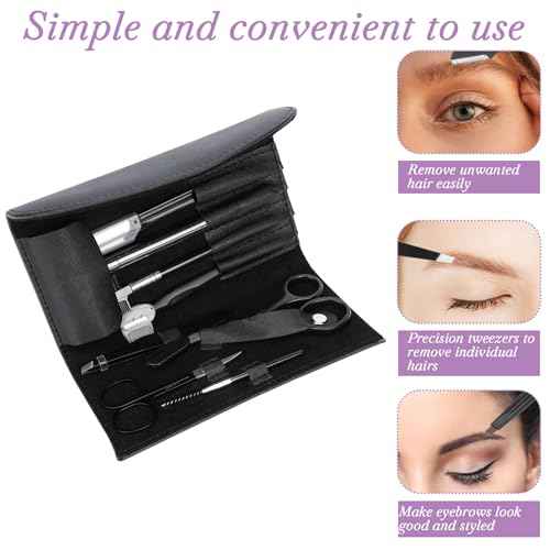 Professional Eyebrow Shaping Grooming Kit,8PCS/SET Eyebrow Grooming Kit with Leather Bag Eyebrow Trimming Kit With Razor Eyebrow Scissors Eyebrow Brush for Women & Men(Black)