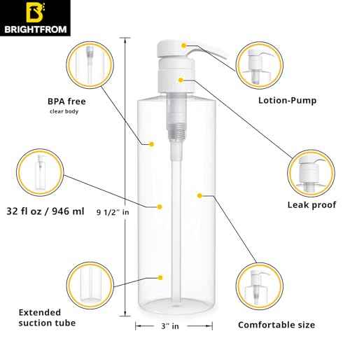 BRIGHTFROM Empty Shampoo Pump Bottles, 32 OZ / 1 Liter, BPA-Free Cylinder Containers, Household & Commercial Use, 2 Pack - Leak Proof