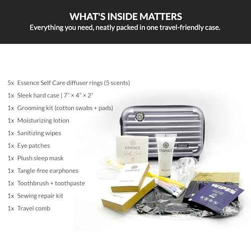 Essence Travel Amenity Kit - Compact Wellness Organizer with 5 Nasal Diffusers + 9 Traveler Comfort Essentials for Flights, Hotels & Adventures - Wearable Aromatherapy Self-Care On the Go
