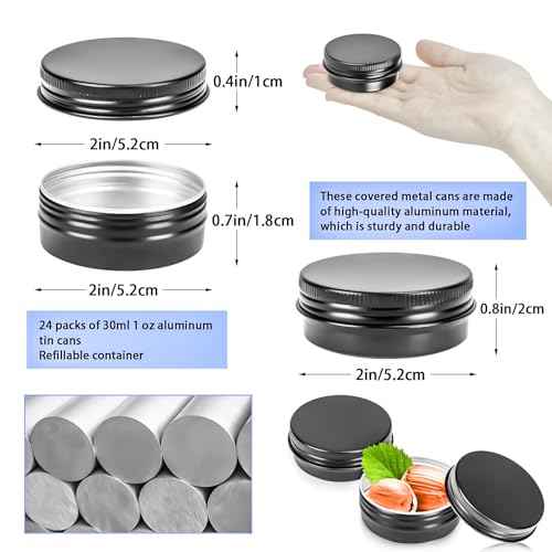 MotBach 24Pack 1oz Tin Jars, 30ml Metal Tin cans, 1Ounce Aluminum tin can jar Containers with Screw Lid for Lotion Bars, Toiletries, Creams, Samples, Makeup Cosmetic, Spices, Salve, Balms, Beard Balm