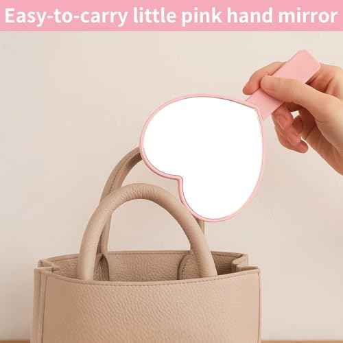 TBWHL Heart-Shaped Travel Handheld Mirror, Cosmetic Hand Mirror with Handle, Cute Hand held Mirror for Shaving Single-Sided Portable Travel Vanity Mirror for Men & Women (Pink, 1Pack)
