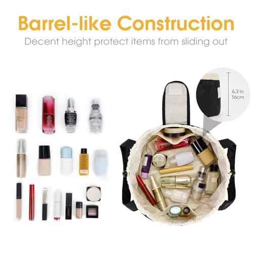 Narwey Barrel Drawstring Makeup Bag Large Cosmetic Bag Make up Bags Women and Girls Toiletry Organizer for Travel Toiletries Accessories Essentials (Black) (Patent)