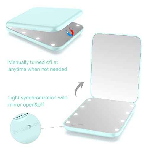WOBSION Small Mirror with Lights,LED Compact Makeup Mirror,1x/3x Mini Travel Mirror with Magnification,Portable for Purse,Pocket,Gifts for Girls,Cyan