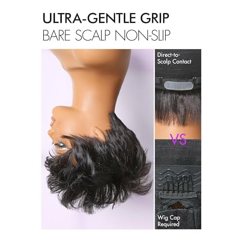 LUVME HAIR Ultra Comfort Throw On & Go Short Pixie Cut with Bangs 5 Inches Skin Friendly Cotton Cap 100% Real Human Hair Glueless Wig Glueless Wig Hair Loss Friendly Full Machine Made 22.5 Wig Cap