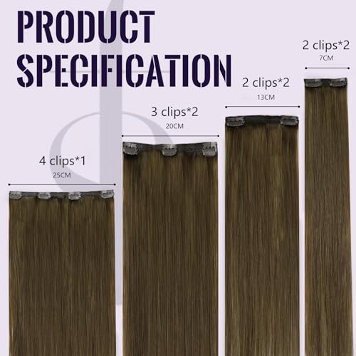 Fshine Clip in Hair Extensions Real Human Hair Medium Brown Clip Ins Double Weft #4 14inch 120g 7pcs Work Style Weekend Outing