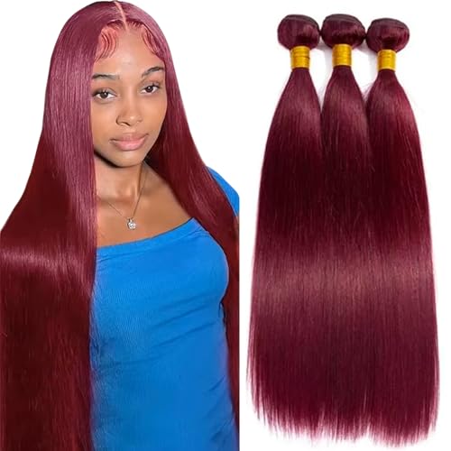 99J Burgundy Bundles Human Hair 12A Unprocessed Brazilian Virgin Human Hair Bundles Wine Red Straight 3 Bundles 30 32 34 Inch Double Weft Weave 99J Color Hair Extension for Women 300g Total