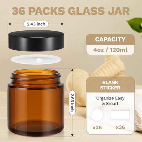 4 oz Small Glass Jars with Lids, Bumobum 36 Pack Amber Glass Cosmetic Jars with Inner Liners, 120ml Round Empty Sample Containers with Blank Labels for Cream, Body Scrub, Lotion