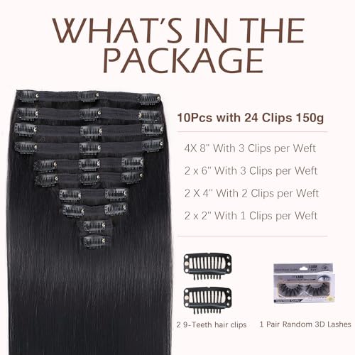 Clip in Hair Extensions Real Human Hair,18inch 150g 10Pcs with 24 clips,Natural Black,Straight Human Hair Clip in Hair Extensions for Black Women