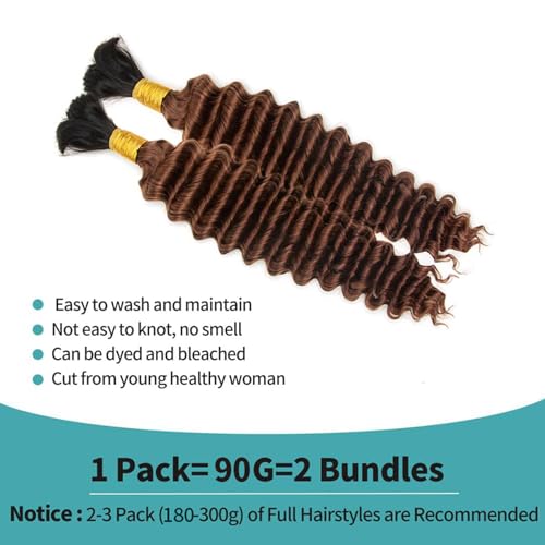 Deep Wave Bulk Human Braiding for Hair 100% Human Hair Unprocessed Brazilian Virgin Hair for Human Hair Extensions (2Bundles-1Pack) 90g 24Inch Human Hair for Micro braiding No Weft
