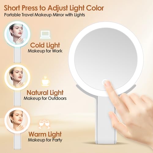 MIYADIVA Magnifying Mirror with Light, Double Sided 30X/1X Lighted Travel Makeup Mirror with Magnification, 3 Color Lighting, Dimmable Touch Screen, Adjustable & Foldable Hand Mirror (White)