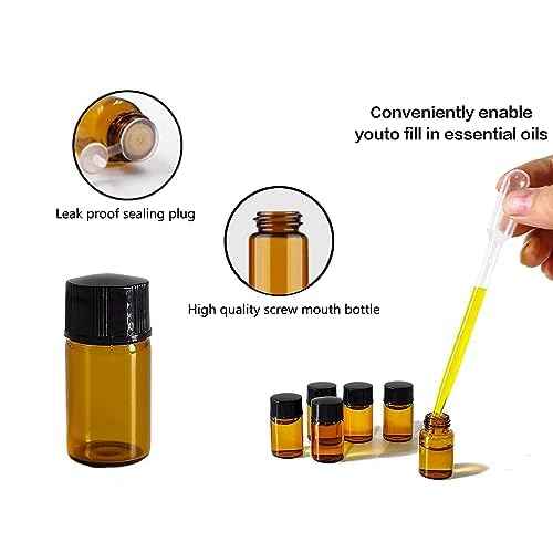 50Pcs 3ml Amber Sample Bottles,Mini Glass Essential Oil Bottle, with Black Screw Caps, for Travel Essential Oil and Perfume Vials Bottles (3ML)