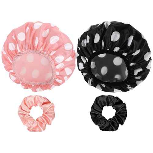 WSICSE 2 Packs Large Shower Caps for Women, Waterproof Shower Cap Double Layers Bath Caps with Hair Scrunchies for Long Thick Hair