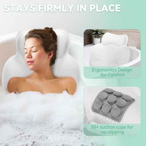 Bath Pillows for Tub - Luxury Bathtub Pillow Neck, Head, Back Support, Soft 4D Mesh Fabric and Non-Slip Suction Cups & Quick Dry, Fits All Tubs, Bath Soaking Accessories Spa Gifts, White