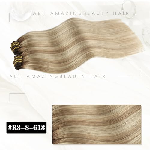 ABH AMAZINGBEAUTY HAIR Clip in Hair Extensions Ash Brown-Beach Blonde with Dark Brown Root R3-8-613 Real Human Hair Clip ins 16 Inch 8pcs/120g Real Hair Extensions For Women