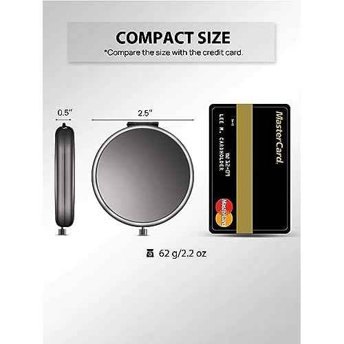 Compact Mirror for Purse, Double-Sided 1X/2X Magnifying Metal Pocket Makeup Mirrors(Round, Onyx Black)