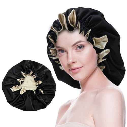 Silk Bonnet for Sleeping Satin Bonnets Double Layer Reversible Hair Cap Bonnet for Women Long Curly Braid Hair (Black)