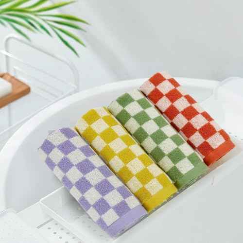Jacquotha Wash Cloths Checkered 4 Pack 4 Colors - Cotton Washcloths for Face Body, 13 x 13 Inches Daily Cleansing Kitchen Towels