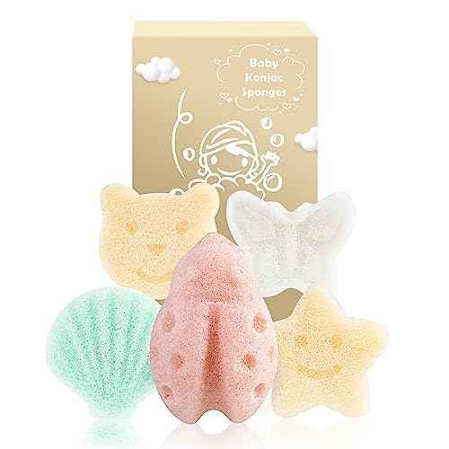 MoHern Konjac Baby Sponge for Bathing, 5Pcs Natural Cute Shapes, Kids Bath sponges for Infants, Toddler Bath time, Plant-Based, Extra Soft