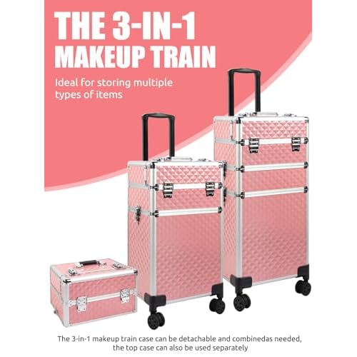 EBANKU Rolling Makeup Train Case Large Capacity Cosmetic Trolley, 3 in 1 Aluminum Professional Salon Travel Case with Key Swivel Wheels Traveling Cart Trunk for Hairstylists Nail Tech - Pink