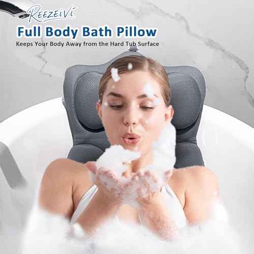 REEZEIVI Full Body Bath Pillow,Thick Bathtub Cushion with Laundry Bag,Bath Pillow with 13 Non-Slip Suction Cups,Soft 3D Mesh Fabric,Bathtub Cushion for Headrest Neck and Back Support (Gray)