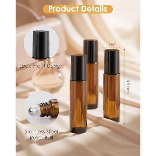 4 Pack Essential Oil Roller Bottles, 10ml Refillable Amber Glass Roller Bottles with Stainless Steel Roller Balls and Caps for Travel, Perfume and Lip Gloss