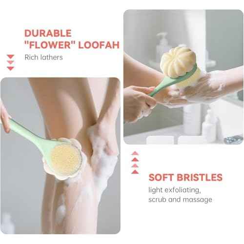 Back Scrubber for Shower, 15.7" Loofah with Handle, Back Shower Brush with Bristles and Loofah, Dry Brushing Body Brush for Cleanse Back and Hard to Reach Areas with Curved Long Handle