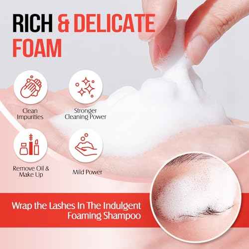 Lash Shampoo for Lash Extensions 60 Ml/2fl.oz Eyelash Extension Cleanser Oil Free Lash Cleanser for Eyelash Care, Gentle Foaming Eyelash Shampoo with Brush for Salon Home Care (Peach 60ml)