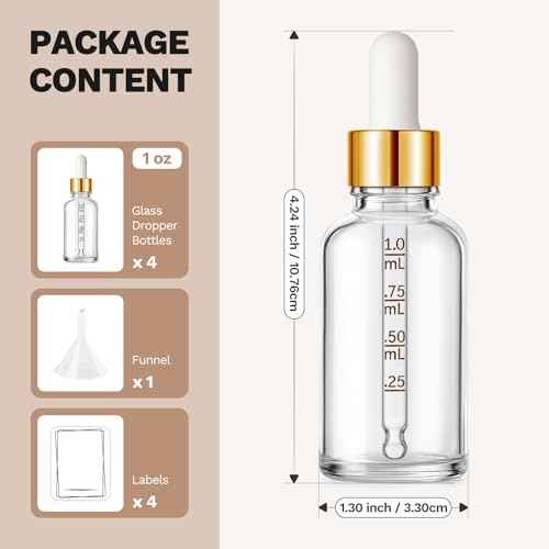 Bumobum 1 oz Dropper Bottle, Clear Glass Dropper Bottle with Measured Dropper & Golden Cap, Empty Eye Tincture Bottles with Funnel & Labels for Essential Oils Serums Tavel Liquids, 4 Pack