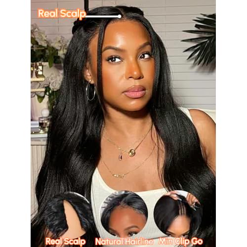 Julia Hair V Part Wig Human Hair Yaki Straight Glueless Wigs for Women 12A Briazilian Remy Hair Upgrade U Part Wig No Glue No Leave Out Beginner Friendly Natural Color 18 Inch Yaki Wig