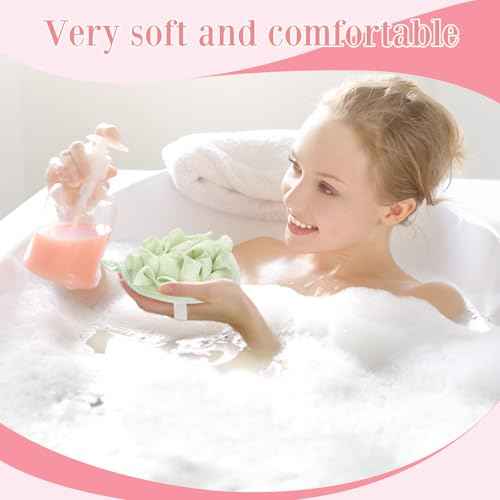 Boao 3 Pcs Bath Shower Pouf Sponge Mesh Pouf Shower Ball Exfoliating Body Sponge Pad Scrubber Glove with Flower Bath Ball (Beige,Green,Purple)