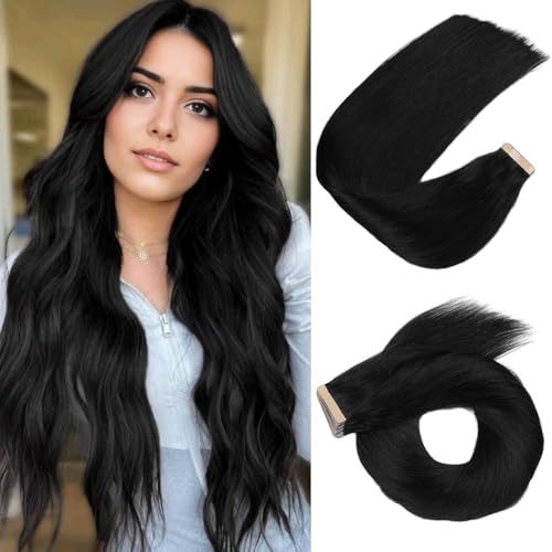 Human Hair Tape in Extensions Jet Black 20pcs Seamless Skin Weft Tape in Hair Extensions 24 Inch Straight Double Sided Remy Invisible Tape in Hair Extensions Human Hair (1#,24 Inch)